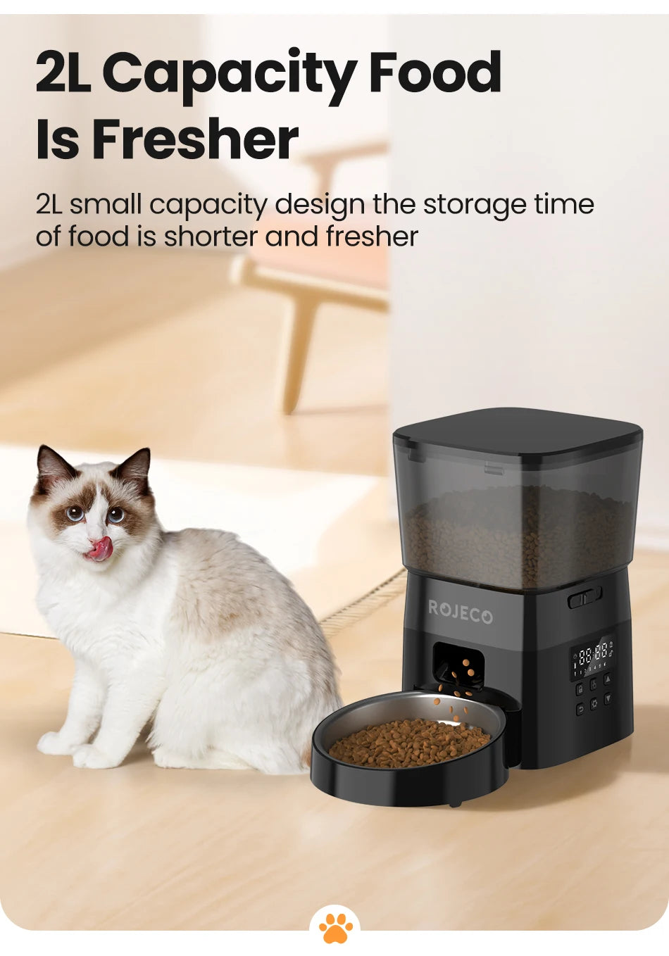 ROJECO 2L Automatic Feeder For Cats Smart Pet Fresh Food Dispenser With Stainless Steel Bowl Auto Cat Kibble Dispenser For Dogs