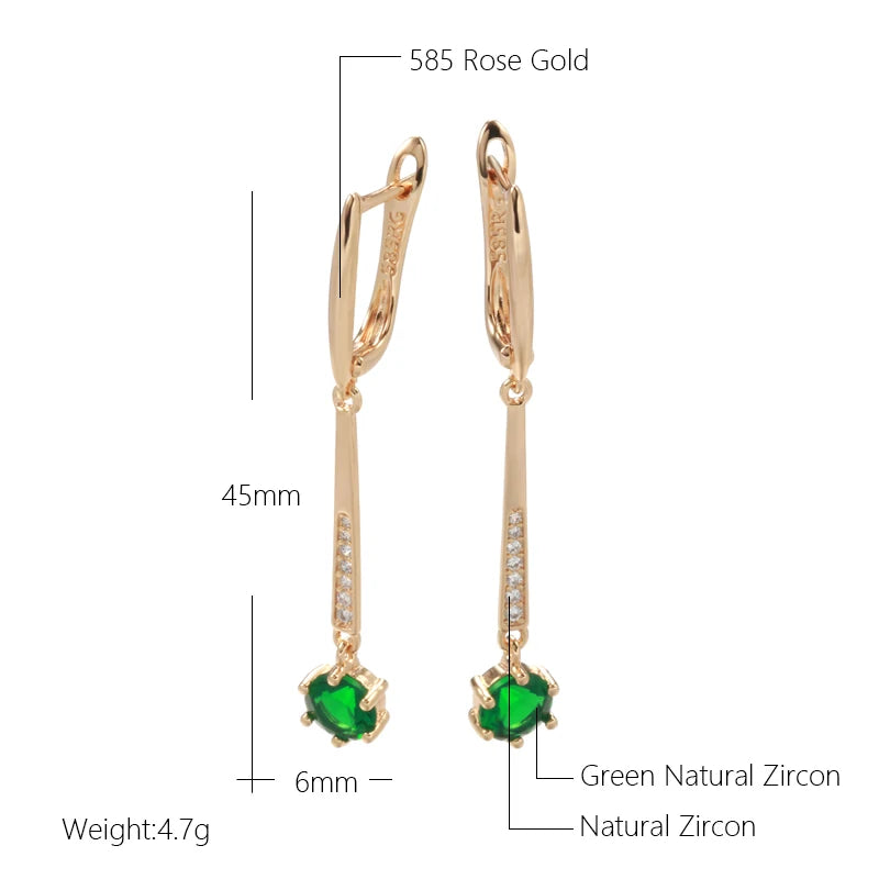 Wbmqda Luxury Elegant Green Natural Zircon Long Dangle Earrings For Women 585 Rose Gold Color Retro Wedding Party Fine Jewelry