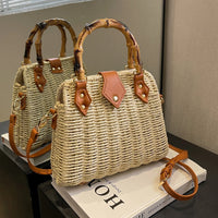 Summer Shoulder Bag Bamboo Handle Ladies Woven Tote Handmade Casual Fashion Simple Portable Adjustable Strap for Seaside Holiday