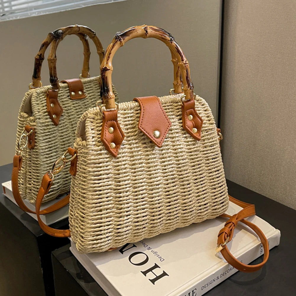 Summer Shoulder Bag Bamboo Handle Ladies Woven Tote Handmade Casual Fashion Simple Portable Adjustable Strap for Seaside Holiday