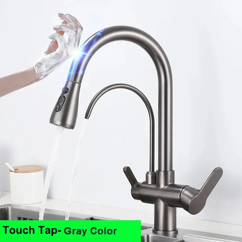 Brushed Nickel Touch on Filter Kitchen Faucet with Pull Down Sprayer Hot Cold Kitchen Sink Mixer Tap Sensor Touch Kitchen Faucet
