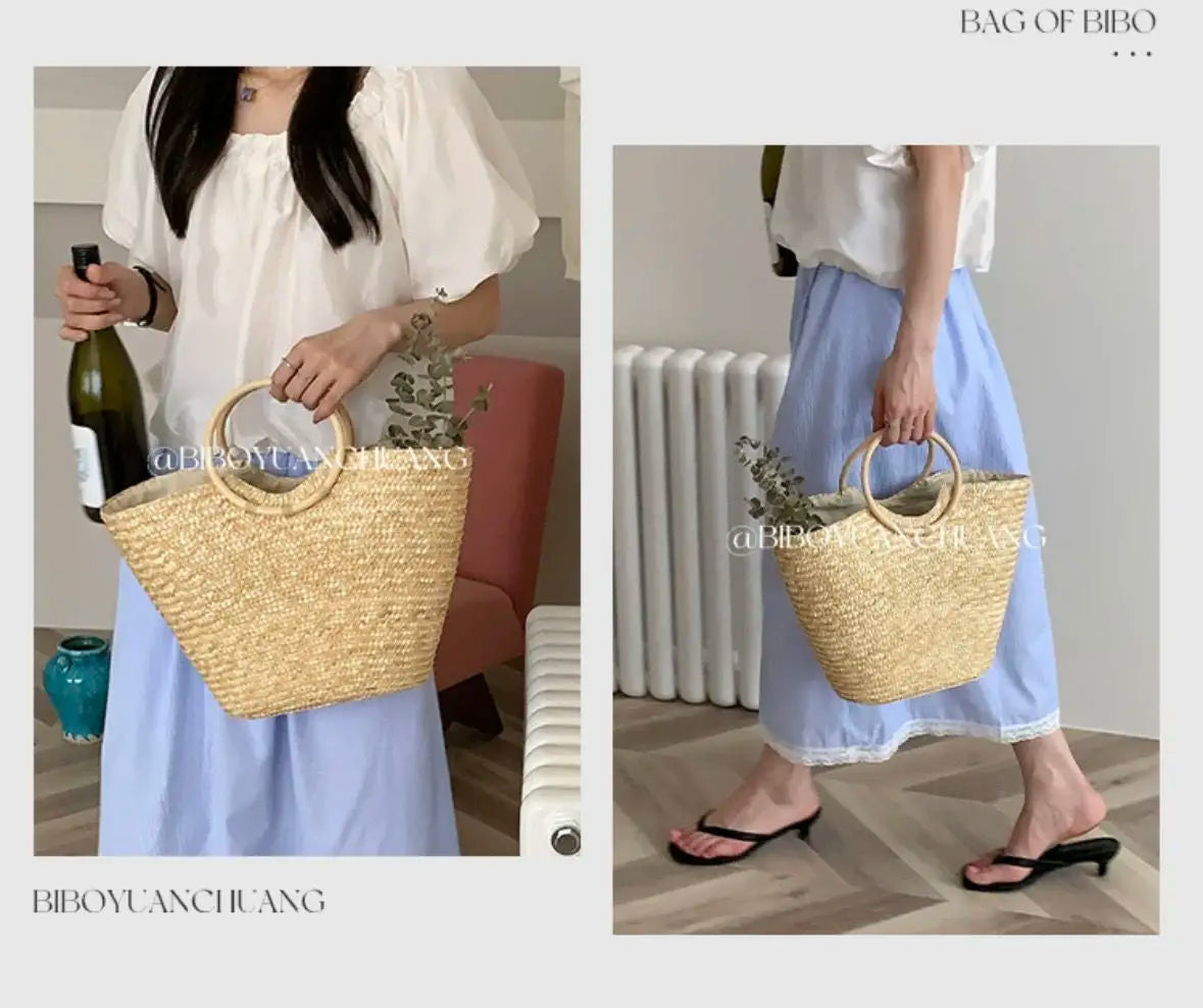 Summer Tote Woven Bag Seaside Vacation Photo Large Capacity Handmade Woven Shoulder Women's Bag