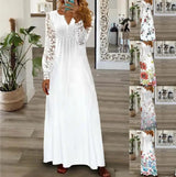 Spring Summer Women's New Fashionable Printed V-neck Sexy Lace Lace Patchwork Single Breasted Long Casual Comfortable Dress