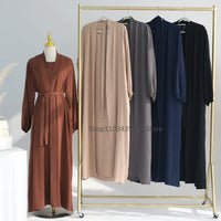 2 Piece Abaya Kimono + Inner Dress Matching Muslim Set Women Dubai Luxury Ramadan Balloon Sleeve Wrinkles Islamic Outfit Kaftan