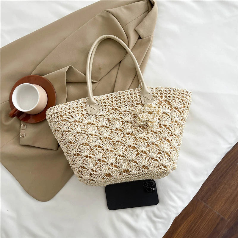 Summer Large Capacity Hand Knitting Straw Bag with Inner Pocket Casual Crochet Beach Handbag Travel Vacation Shopping Tote 2025