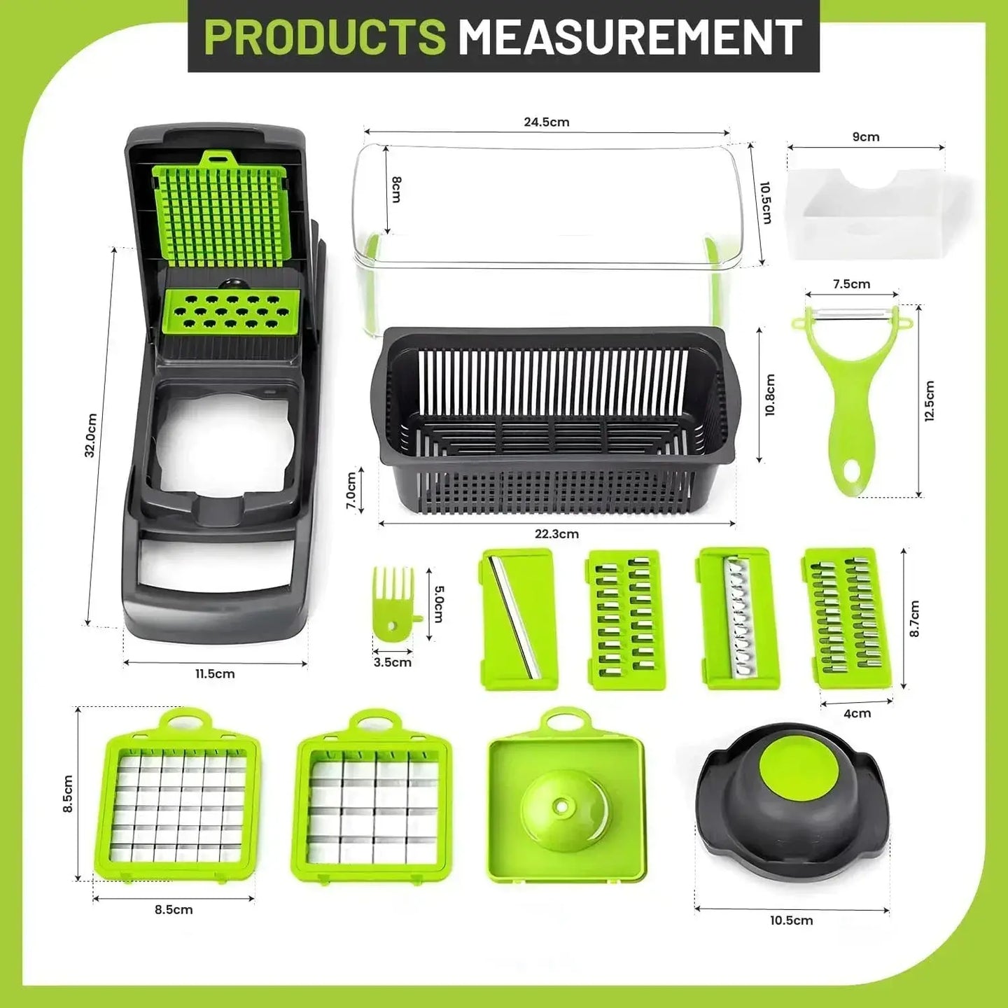 Medidas del cortador de verduras 12 en 1 con accesorios. Diseño ergonómico con múltiples cuchillas para cortar, rallar y rebanar fácilmente.