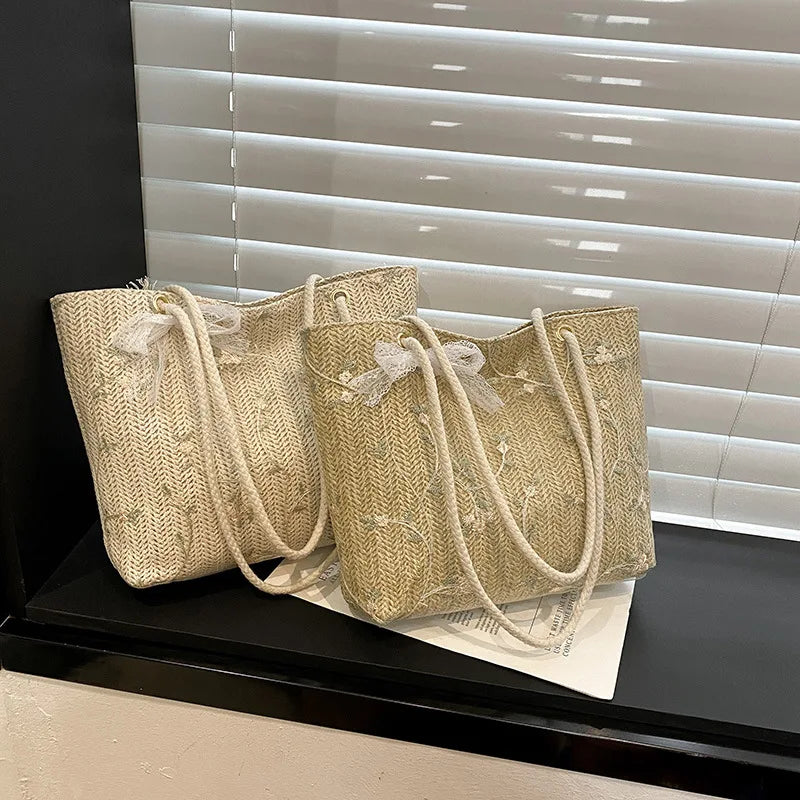 Women Handbag Lace Ins Straw Multi-purpose Single Shoulder Bag Female Fashion Large Capacity Hand Woven Totes for Ladies
