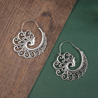 Vintage Metal Craftsman Carved Cutout Peacock Earrings Boho Women Simple Hoop Drop Earrings