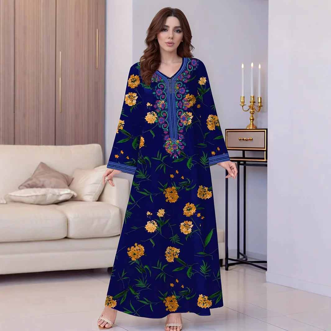 Women Vintage Long Sleeve Abaya Floral Print Muslim Maxi Dress Fashion Sundress Robe Femme Marocain Dubai Turkey Vestido