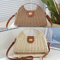 2024 Summer New Artistic Vintage Woven Handbag Single Shoulder Crossbody Bag Beach Vacation Fiberglass Strap Polyester Lining