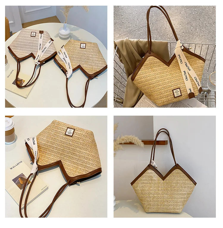 Ladies Beach Bag Vintage Handmade Woven Shoulder Handbag Large Capacity Rattan Bags Summer Vacation Casual Handbags Bolso Mujer