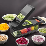 Cortador de verduras multifuncional con cuchillas afiladas para rebanar y picar ingredientes de manera rápida y uniforme.