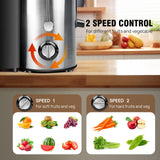 Extractor de jugos de 1000W con control de 2 velocidades para frutas y verduras. Diseño de acero inoxidable con capacidad de 500ML.