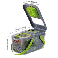 Cortador de verduras con dimensiones detalladas, diseño compacto y asas resistentes para un uso cómodo en la cocina.