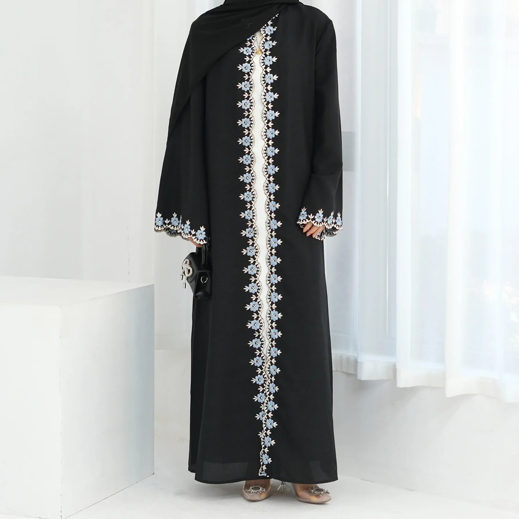 Eid Ramadan Flower Embroidery Abayas for Women Muslim Dress Dubai Open Abaya Turkey Kaftan Kebaya Caftan Marocain Femme Robe New
