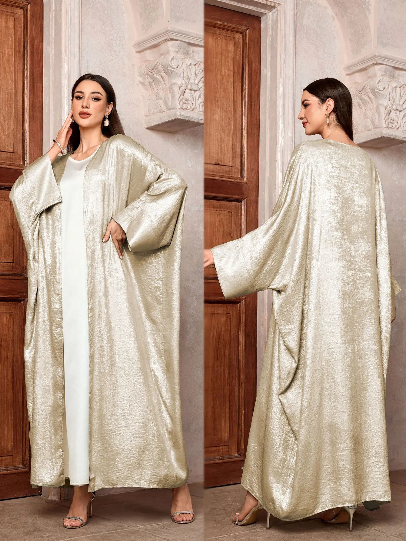 2024 Ramadan Eid Shiny Batwing Satin Open Kimono Abaya Dubai Luxury Muslim Abayas For Women Kaftan Dress Islamic Clothing Femme
