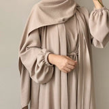 2 Piece Abaya Kimono + Inner Dress Matching Muslim Set Women Dubai Luxury Ramadan Balloon Sleeve Wrinkles Islamic Outfit Kaftan