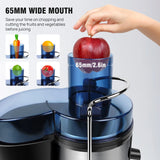 Extractor de jugos de 1000W con boca ancha de 65mm para frutas y verduras enteras. Diseño de acero inoxidable con capacidad de 500ML.