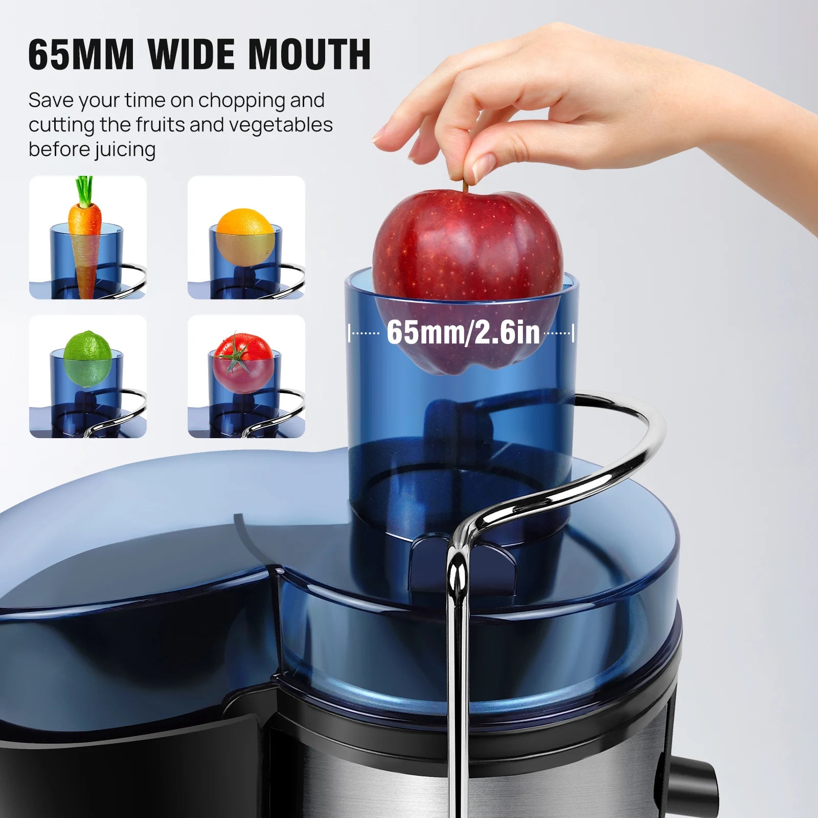 Extractor de jugos de 1000W con boca ancha de 65mm para frutas y verduras enteras. Diseño de acero inoxidable con capacidad de 500ML.