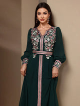 TOLEEN-Women's Kaftan Jalabiya Dress, Moroccan Style Dresses, Floral Embroidery Patchwork, Jacquard Belt, Luxury, Elegant, 2024