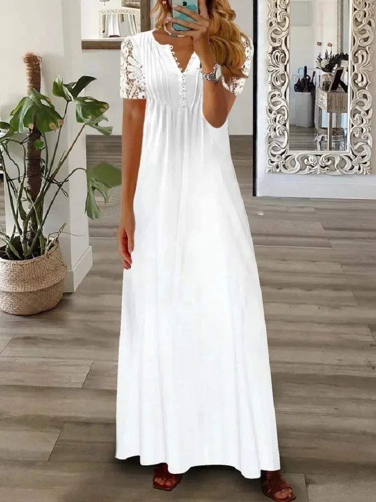 Spring Summer Women's New Fashionable Printed V-neck Sexy Lace Lace Patchwork Single Breasted Long Casual Comfortable Dress