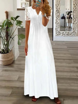 Spring Summer Women's New Fashionable Printed V-neck Sexy Lace Lace Patchwork Single Breasted Long Casual Comfortable Dress