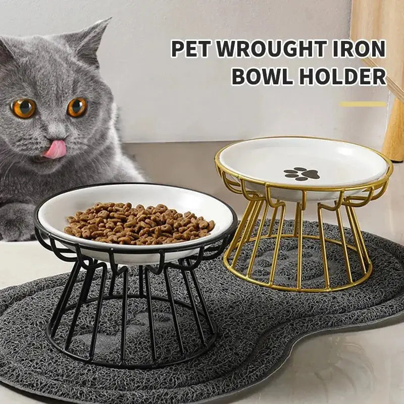 1Set Pet Ceramic Bowl Iron Rack Cat