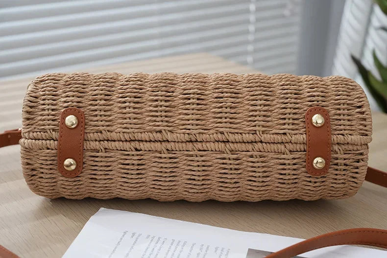 2024 Summer New Artistic Vintage Woven Handbag Single Shoulder Crossbody Bag Beach Vacation Fiberglass Strap Polyester Lining