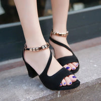 Summer Women Fish Mouth Style High-Heeled Shoes Size 43 Solid Color Fashion Beaded One-line Buckle All-matching Low Top Sandals