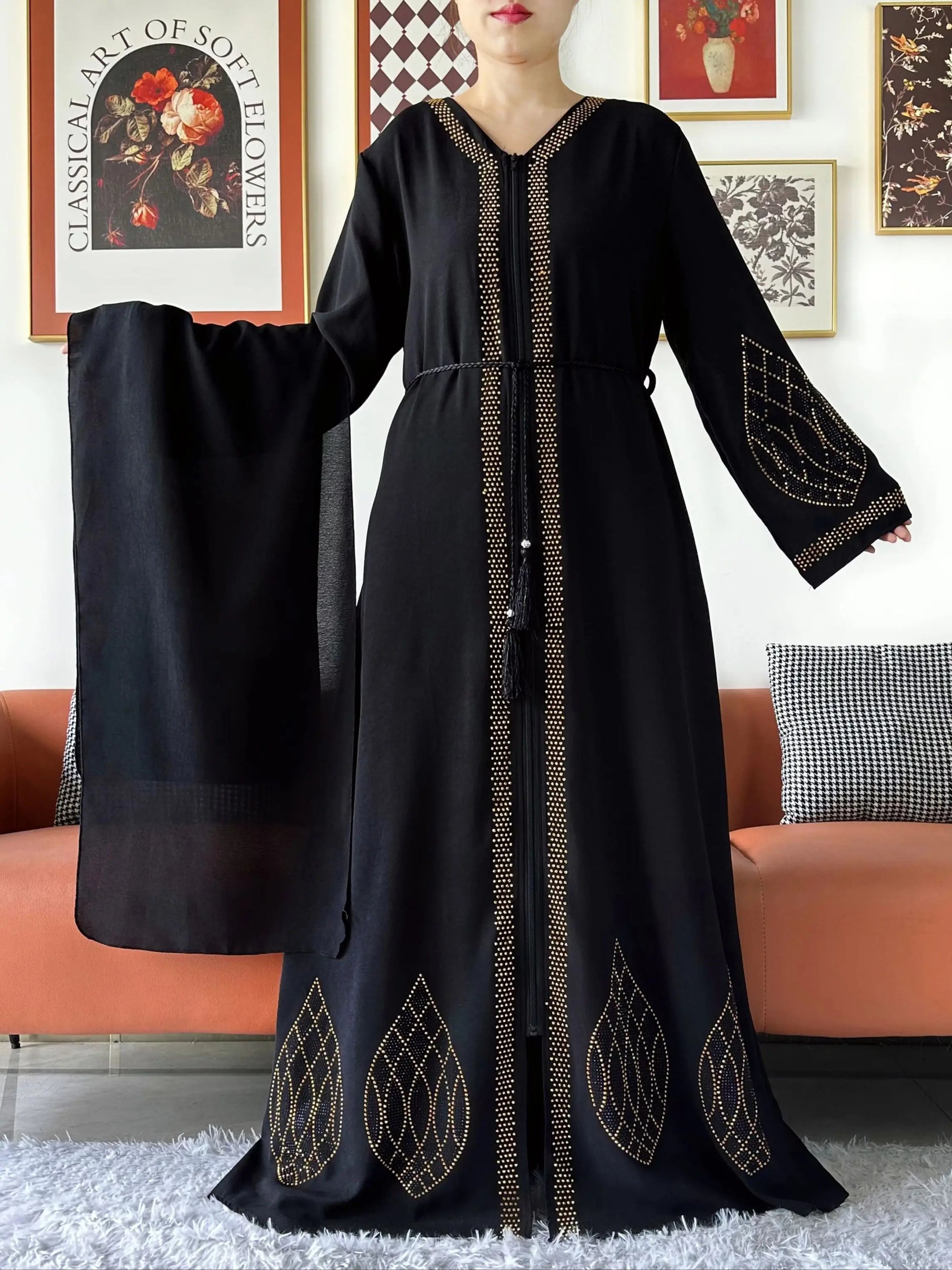 Elegant Women's Party Dress Chiffon Loose Open Zipper Abaya Muslim Islamic Clothing Cardigan Style for Special Occasions