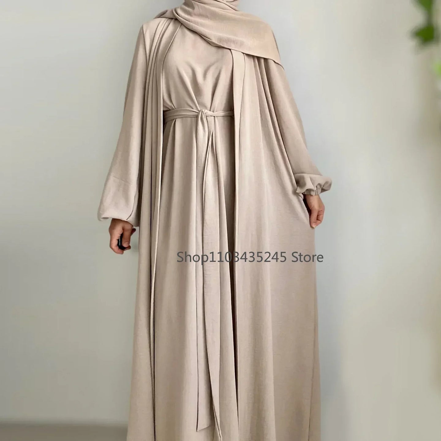 2 Piece Abaya Kimono + Inner Dress Matching Muslim Set Women Dubai Luxury Ramadan Balloon Sleeve Wrinkles Islamic Outfit Kaftan