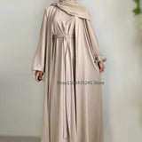 2 Piece Abaya Kimono + Inner Dress Matching Muslim Set Women Dubai Luxury Ramadan Balloon Sleeve Wrinkles Islamic Outfit Kaftan