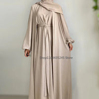 2 Piece Abaya Kimono + Inner Dress Matching Muslim Set Women Dubai Luxury Ramadan Balloon Sleeve Wrinkles Islamic Outfit Kaftan