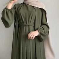 2 Piece Abaya Kimono + Inner Dress Matching Muslim Set Women Dubai Luxury Ramadan Balloon Sleeve Wrinkles Islamic Outfit Kaftan
