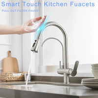 Brushed Nickel Touch on Filter Kitchen Faucet with Pull Down Sprayer Hot Cold Kitchen Sink Mixer Tap Sensor Touch Kitchen Faucet