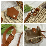 Summer Shoulder Bag Bamboo Handle Ladies Woven Tote Handmade Casual Fashion Simple Portable Adjustable Strap for Seaside Holiday