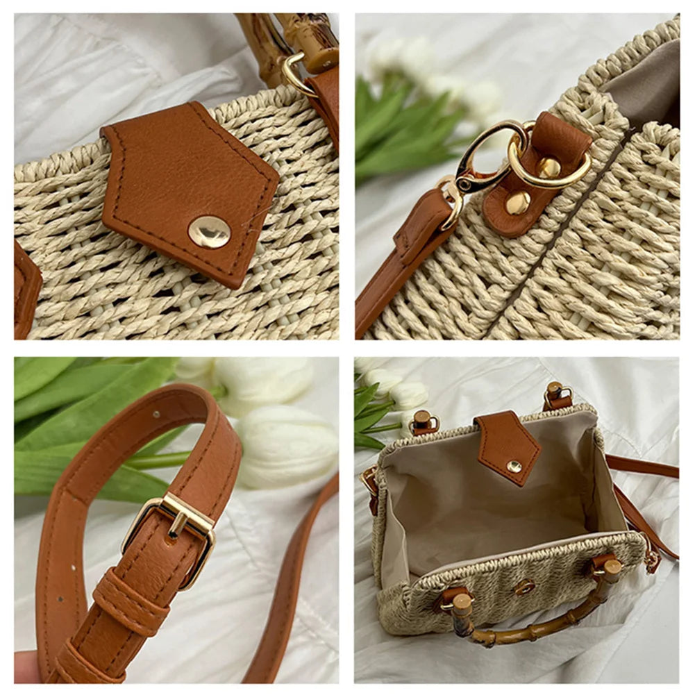 Summer Shoulder Bag Bamboo Handle Ladies Woven Tote Handmade Casual Fashion Simple Portable Adjustable Strap for Seaside Holiday