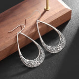 Silver-Plated Carved Flower Drop-Shaped Large Earrings Hypoallergenic Earrings for Women Retro Fashion Casual Party Jewelry