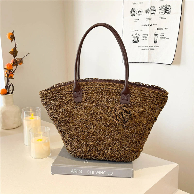 Summer Large Capacity Hand Knitting Straw Bag with Inner Pocket Casual Crochet Beach Handbag Travel Vacation Shopping Tote 2025