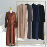 2 Piece Abaya Kimono + Inner Dress Matching Muslim Set Women Dubai Luxury Ramadan Balloon Sleeve Wrinkles Islamic Outfit Kaftan