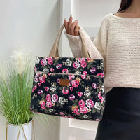Fashion Floral Print Tote Bag, Portable Canvas Lunch Bag, Women's Casual Handbag & Bento Mommy Bag For Picnic Travel