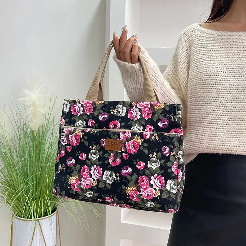 Fashion Floral Print Tote Bag, Portable Canvas Lunch Bag, Women's Casual Handbag & Bento Mommy Bag For Picnic Travel