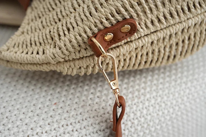 2024 Summer New Artistic Vintage Woven Handbag Single Shoulder Crossbody Bag Beach Vacation Fiberglass Strap Polyester Lining