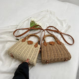 Summer Shoulder Bag Bamboo Handle Ladies Woven Tote Handmade Casual Fashion Simple Portable Adjustable Strap for Seaside Holiday
