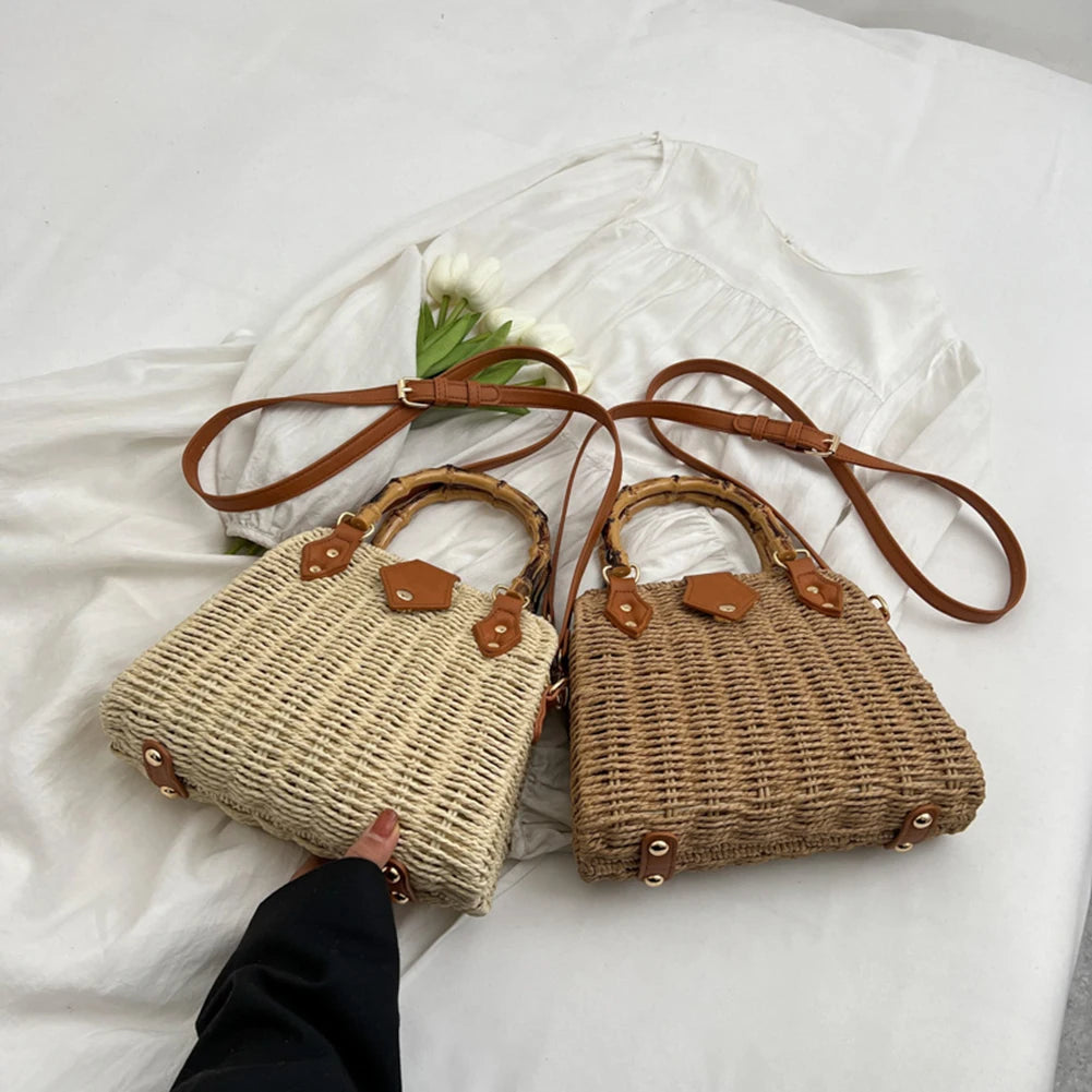 Summer Shoulder Bag Bamboo Handle Ladies Woven Tote Handmade Casual Fashion Simple Portable Adjustable Strap for Seaside Holiday