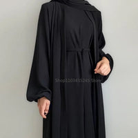 2 Piece Abaya Kimono + Inner Dress Matching Muslim Set Women Dubai Luxury Ramadan Balloon Sleeve Wrinkles Islamic Outfit Kaftan