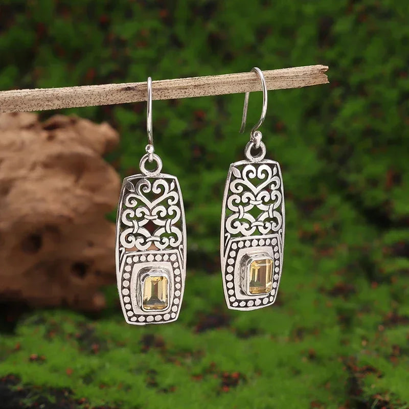 Silver-Plated Carved Flower Drop-Shaped Large Earrings Hypoallergenic Earrings for Women Retro Fashion Casual Party Jewelry