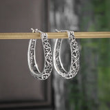 Silver-Plated Carved Flower Drop-Shaped Large Earrings Hypoallergenic Earrings for Women Retro Fashion Casual Party Jewelry