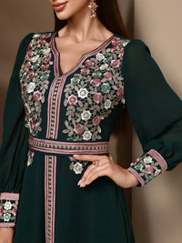 TOLEEN-Women's Kaftan Jalabiya Dress, Moroccan Style Dresses, Floral Embroidery Patchwork, Jacquard Belt, Luxury, Elegant, 2024