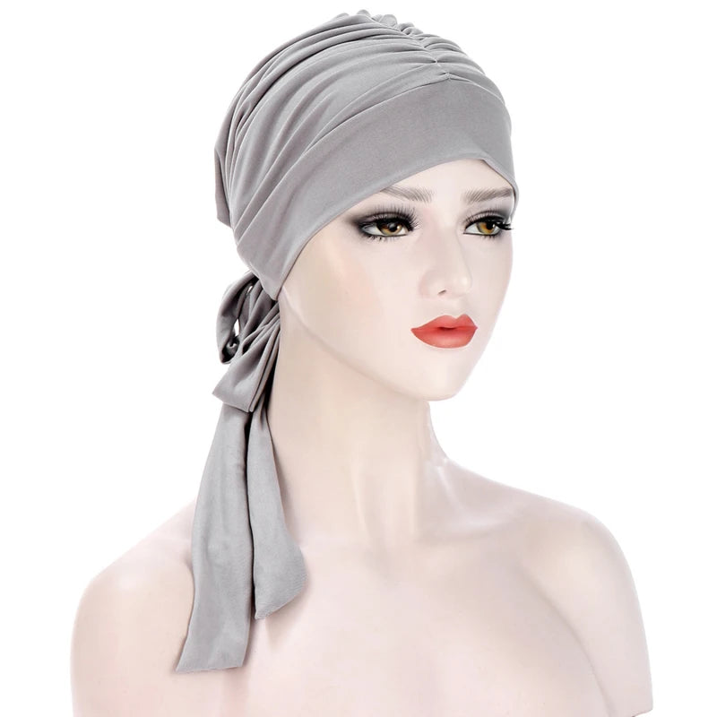 Muslim Women Stretch Solid Wrinkle Turban Hat Cancer Chemo Beanies Caps Pre-Tied Scarf Headwear Headwrap Plated Hair Accessories
